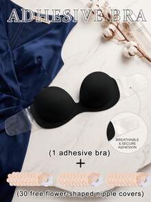 Apricot & Black Dual-Color One-Piece Bra (Includes 30pcs Non-Woven Fabric Flowers), Minimalist Matte Surface, 3D Curved Cup Design With Crescent Glue Coating, Fits Body Shape - Multicolor - View 8
