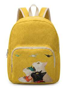 1 Piece Backpack, Women's Mini Backpack, Corduroy Girl School Bag, Travel Storage Bag, Kitten Printed Design, Large‑Capacity Foldable Easy‑To‑Store Bag, Lightweight & Pressure‑Relieving, Multi‑Pocket Layered Design With Zipper Closure - Four Little Cats 3334073 - View 5