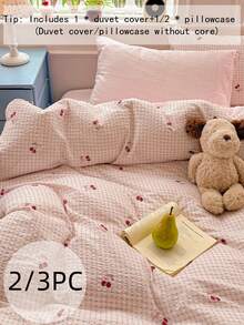 Comfortable Bedding Set, Red Cherry Bow Print, Light Pink Plaid Pattern, Includes 1*Duvet Cover+1/2*Pillowcases, 100% Polyester, With Tie And Zipper Design, Comfortable Touch, Soft Fabric, No Filling - Baby Pink - View 2