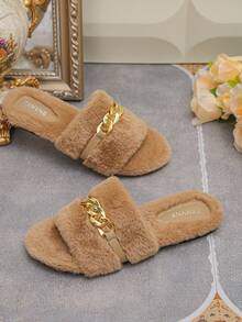 Women's Fashion Gold Chain Buckle Comfortable Soft Sole Plush Slippers, Soft Fuzzy Casual Style Autumn/Winter Daily Brown Bedroom Slippers, Plus Size - Apricot - View 7