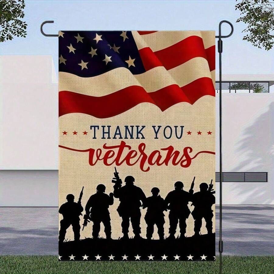 2D Flat, 1pc Patriotic Military Tribute Garden Flag, Printed With American Flag And "Thank You Veterans" Design, Suitable For Home, Garden And Holiday Decoration, Holiday Garden Decor | Patriotic, Outdoor Decor, Patriotic Homeowner, Flag Only, Polyester Material, 12*18 Inches, Single-Sided Printing