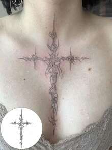 Waterproof & Sweat-Resistant Temporary Tattoo Sticker, Cross Totem Pattern; Washable, Matte Non-Reflective, Lasts 3-5 Days, Realistic Tattoo Sticker Suitable For People - Black - View 7
