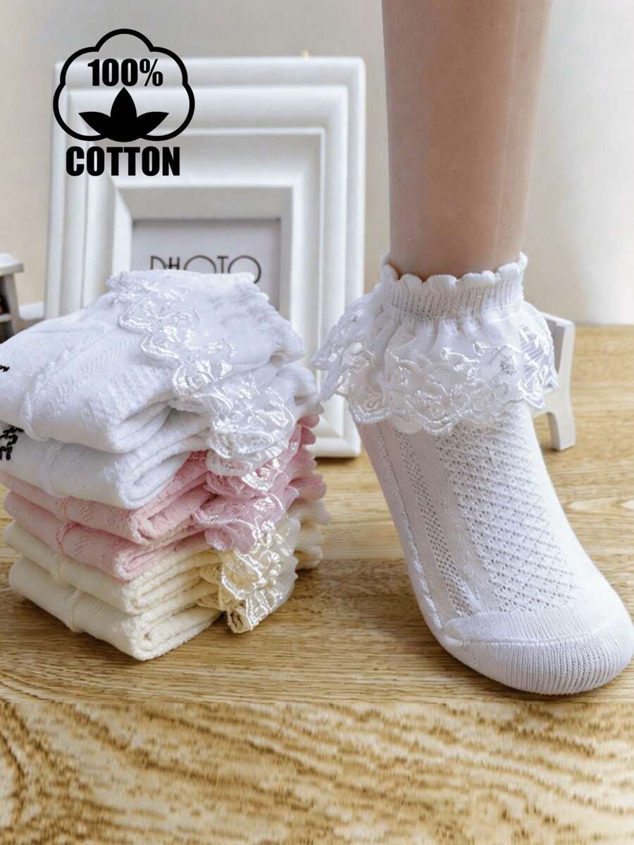 6 Pairs Girls Lace Trim Cotton Dance Socks For Party School Big Kids - Multicolor - View 1