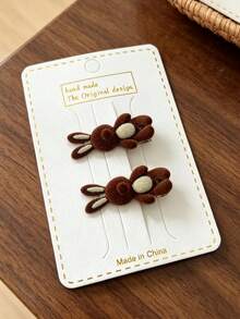 2pcs/Set Maillard Vintage Flocked Bear & Rabbit Hair Clips Set, Soft Cute 3D Animal Hair Accessories For Women's Daily Outfit, Bangs & Loose Hair Decoration - Multicolor - View 5