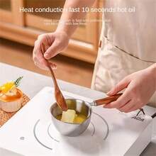Wooden Handle Stainless Steel Mini Oil Pot, Kitchen Oil Splashing Tool, Compatible With Induction Cooktop, Mini Pot For Butter, Sauce And Hot Oil - View 10