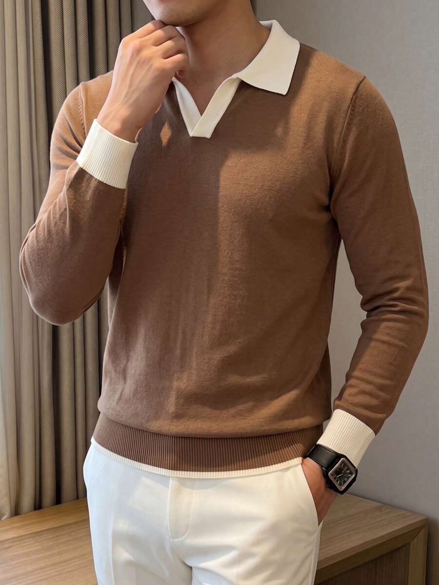 ALTZTAR Men's Patchwork Seagull Collar Long Sleeve Ribbed Knit Sweater - Brown - View 1
