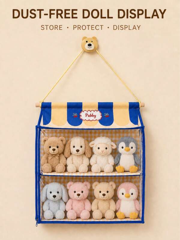 1pc 43*40cm Large Capacity Transparent Doll Storage Hanging Bag, Vintage Plaid Double Layer Visible Dust-Proof Display Bag, Zippered Wall-Mounted Plush Doll Organizer Bag, Suitable For Bedroom, Dorm, Wardrobe Door And Doll Collection Display