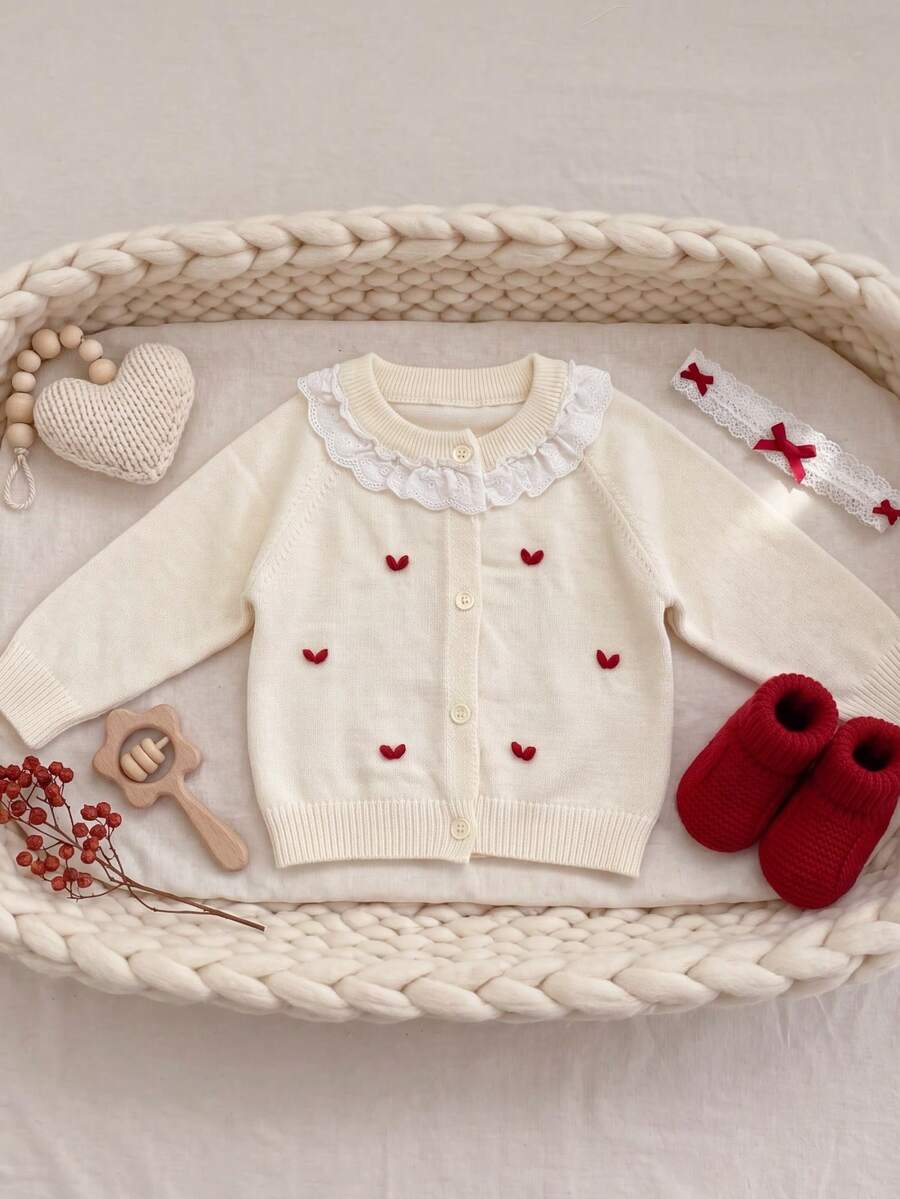 Girls Korean Style Cream White Knitted Cardigan With 3D Red Heart Hollow Lace Trim Collar Long Sleeve Children's Jacket - Apricot - View 1