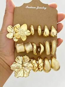 3-9 Pairs Elegant Creative Fashion Vintage Floral Water Drop Water Pipe Shaped Lightweight Earring Set, C-Shaped Earrings, CCB Gold Color Women's Earrings, Suitable For Women's Daily Wear - Gold - View 6