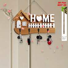 1pc 2D Flat Cozy Home & Puppy Theme Wooden Key Holder With 4 Metal Hooks, Wall Mount Key Storage Rack For Entryway, Villa, Room Decor - Multicolor - View 7