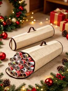 1pc Oxford Fabric Christmas Gift Wrapping Storage Bag, Christmas Wrapping Paper Storage Bag, Large Capacity Gift Wrapping Organizer Bag, Beige With Brown Handle Wrapping Paper Storage Bag, Christmas Holiday Decoration Storage Container, Easy To Carry Cylindrical Container - Beige Brown - View 6