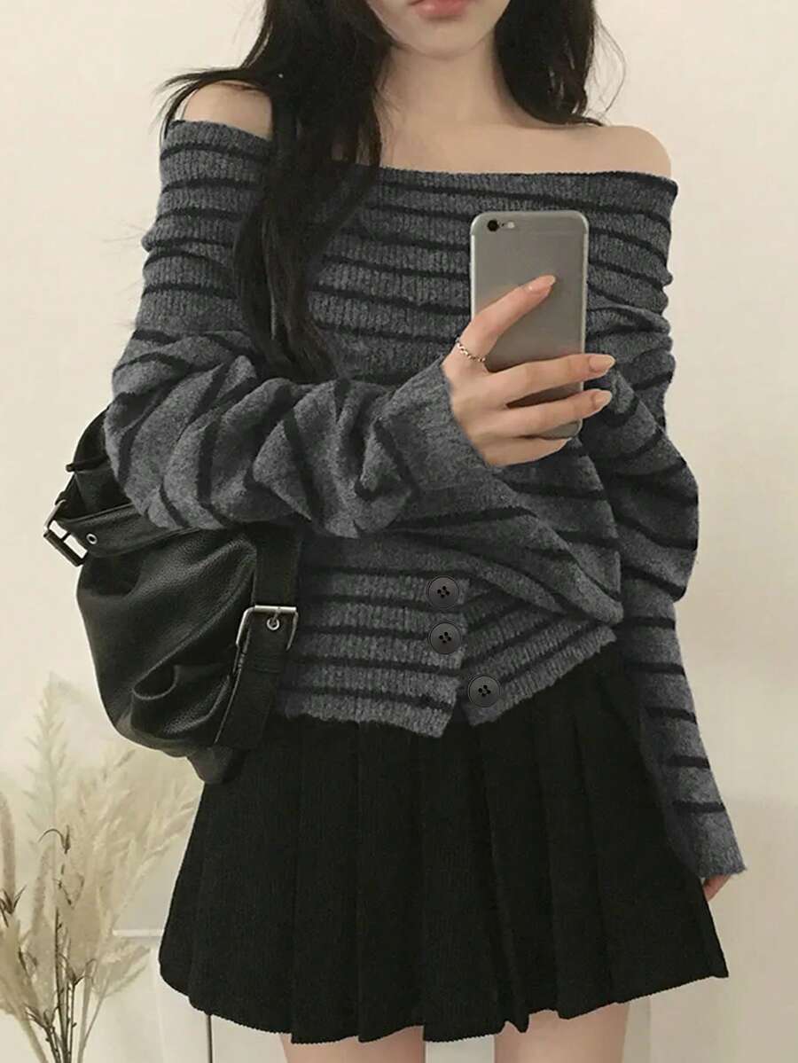 Sweater Wanita Tanpa Bahu, Desain Prancis Niche Musim Gugur/Dingin Terbaru, Atasan Rajut Pullover yang Lembut dan Nyaman - garis - View 1