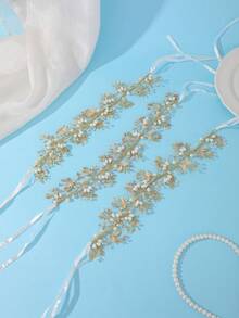 3pcs Vintage Elegant Gold Branch Pearl Rhinestone Headbands, Wedding Accessories, Bohemian Bow Bridal Headpiece - Gold - View 2