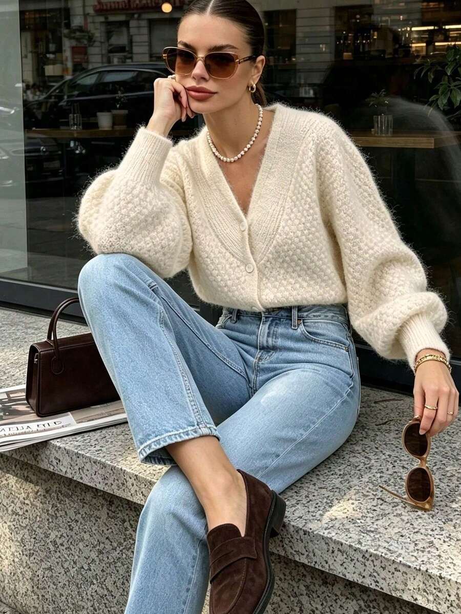 Women's Round Neck Solid Color Knit Cardigan - Long Sleeve, Single-Breasted - French Elegant Vintage Street Old Money Style Autumn/Winter White Fall - White - View 1