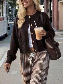 FOR BEAUTY Women's Round Neck Single-Breasted Long Sleeve Knit Cardigan, Fashion Minimalist, Versatile Casual Street Style, Suitable For Daily Commute, Women's Spring Top - Brown - View 1