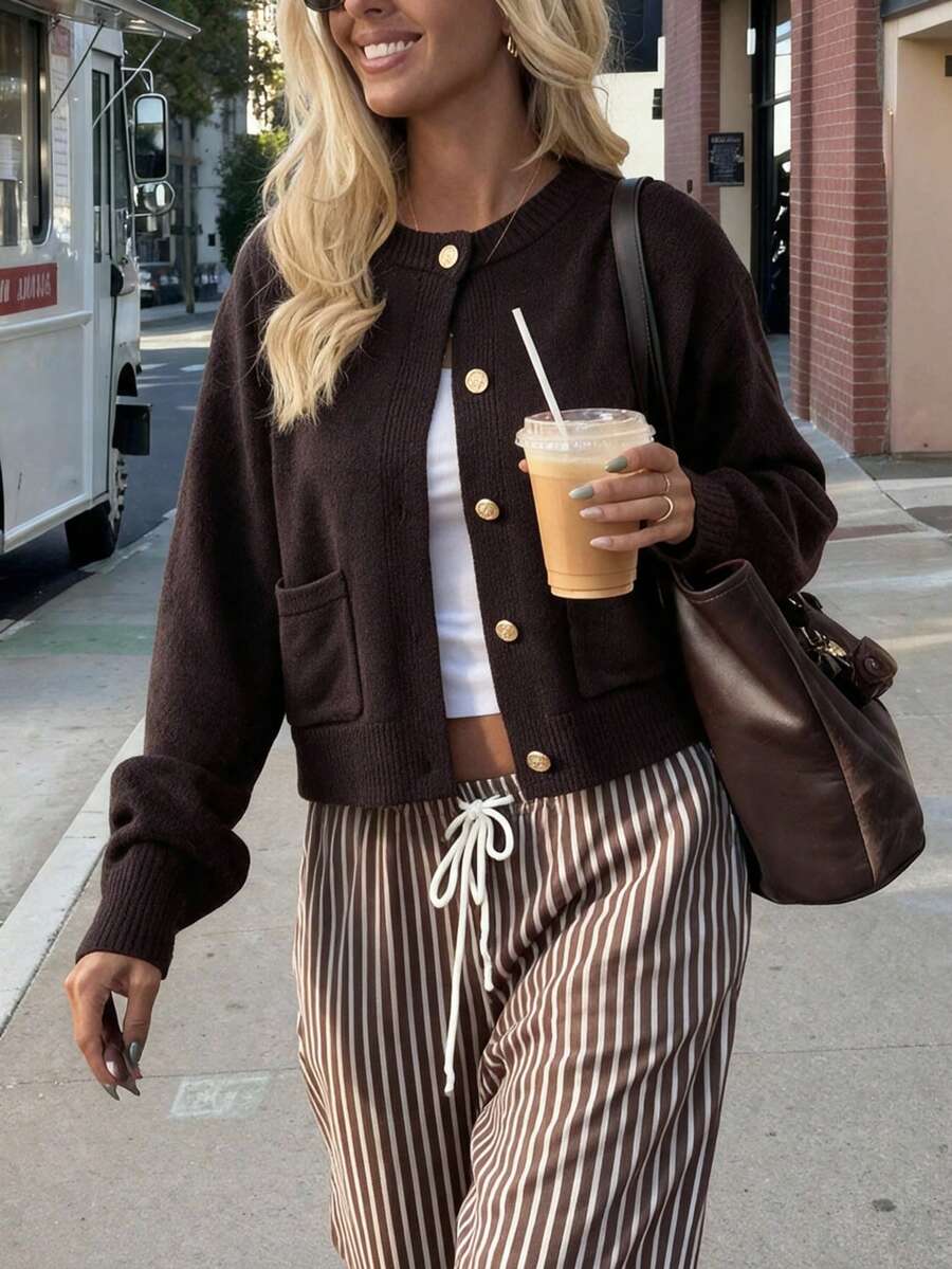 FOR BEAUTY Women's Round Neck Single-Breasted Long Sleeve Knit Cardigan, Fashion Minimalist, Versatile Casual Street Style, Suitable For Daily Commute, Women's Spring Top - Brown - View 1