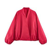 Women V Neck Bomber Jacket, Solid Red Long Puff Sleeve Elastic Hem Loose Casual Outerwear With Pockets - Red - View 6