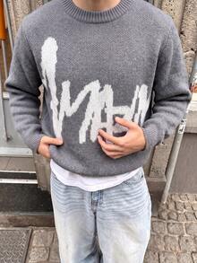 1pc Teen Boys Casual Contrast Color Crew Neck Thick Knit Sweater, Suitable For Indoor, Outdoor Exercise, Street Wear, Autumn/Winter - Grey - View 1