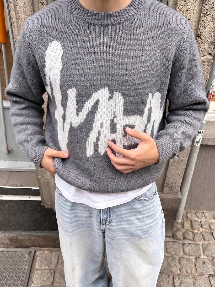 1pc Teen Boys Casual Contrast Color Crew Neck Thick Knit Sweater, Suitable For Indoor, Outdoor Exercise, Street Wear, Autumn/Winter - Grey - View 1