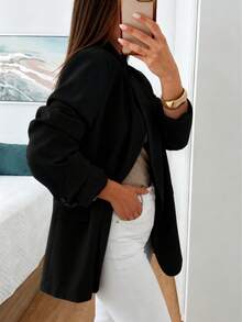 Women's Elegant Asymmetric Open Front Casual Blazer, Vintage Style, Suitable For Commuting And Office Wear, Black, Early Autumn/Spring - Black - View 8