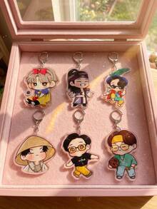 6Pcs K-Pop Themed Acrylic Keychains, Featuring Chibi Member Character Costume Designs (Ancient Chinese Hanfu, Straw Hat And Sports Styles), Fashionable Bag Charms, Suitable For Back To School, Gift For K-Pop Fans, Exquisite Collection, All Season Use - Multicolor - View 2