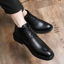 Sepatu bot tinggi pria motif kotak-kotak timbul dengan tali pengikat dan detail resleting samping, ujung bulat, gaya ramping, cocok untuk kantor, pesta, kencan, dan berbagai acara. - Hitam - View 10