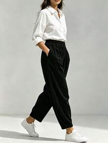 Women's Corduroy Cropped Joggers, Casual Loose Fit, Elastic Waistband With Pockets, Slightly Stretchy Autumn Loungewear - Black - View 7