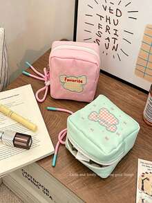 1pc/4pcs Pastoral Style Nylon Square Storage Bag, Plaid Embroidered Letter Pattern, Drawstring Wrist Strap, Zipper Closure, Portable Makeup Bag, Sanitary Napkin Storage Bag, Suitable For Daily Outings, Outdoor Travel, Spring And Autumn Daily Use,Travel Essential - Multicolor - View 9