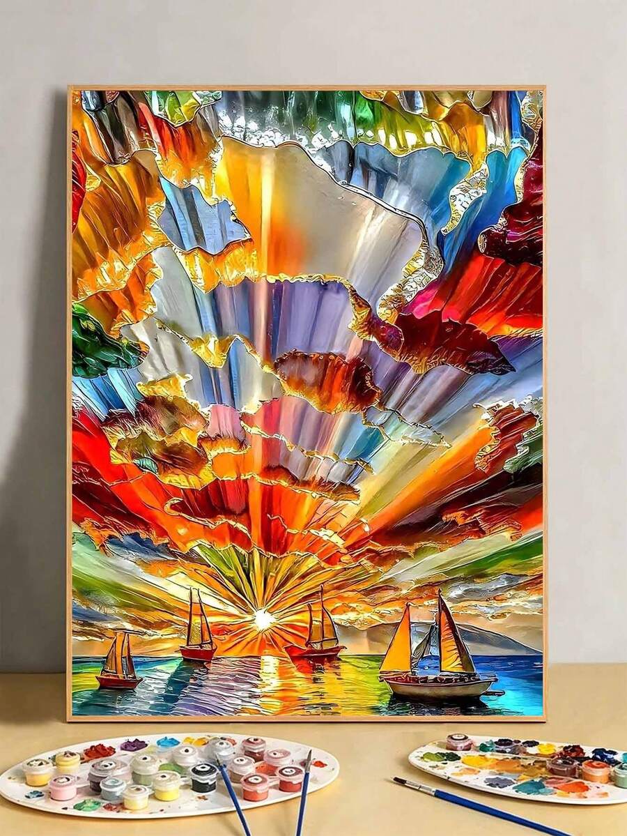 DIY Abstract Colorful Sunset Sailboats (Frameless 8x12 / 16x20 Inches) Paint By Numbers Kit(Acrylic) Arts & Crafts For Adult Beginners, Relaxing Home Wall Decor, And Creative Holiday Gifts - Sets - View 1