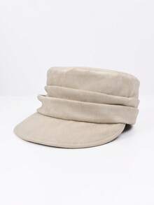 Women Faux Suede Newsboy Cap, Pleated Face-Slimming Hat, Adjustable Maillard Style, Fall Winter Essential - Solid Color Flat Top Newsboy Cap - View 16