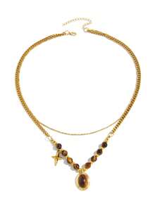 1pc Luxury Vintage Tiger Eye Beaded & Metal Chain Snake Bone Layered Necklace With Four-Pointed Star Pendant, Suitable For Women's Daily, Vacation, Autumn/Winter, Wedding, Banquet Wear - Gold - View 8