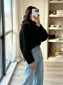 Suéter casual de unicolor acanalado para uso diario en otoño/invierno, negro - Negro - Ver 5