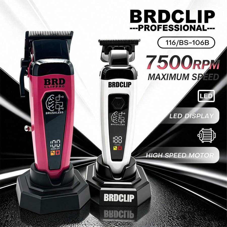 BRDCLIP Professional Hair Clipper KIT Adjustable Trimmer Cordless Hair Cutting Machine Digital Display Trimmer For Men Base Charger Hair Salon 116/BS-106B - Multicolor - View 1