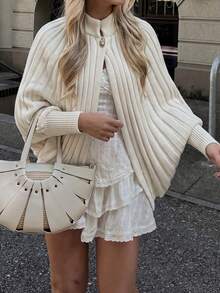 Unadoll Women's White Ribbed Knit Shawl Cardigan, Elegant Stand Collar Cape Coat, Suitable For Back To School And Daily Wear - White - View 2