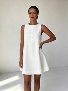 Women's Sleeveless White Casual Short Tank Dress, Round Neck Flared Hem, Perfect Summer Sun Dress - White - View 2