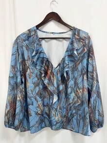 Plus Size Women's Bohemian Abstract Print V-Neck Ruffle Lantern Sleeve Blouse, Casual Vacation Top For Autumn - Blue - View 4