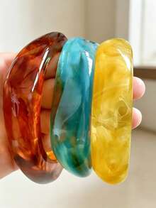 3pcs/1pc Y2k Exaggerated Geometric Bracelet Set, Versatile Jewelry Accessory For Daily Wear, Party, Vacation, Boho Style Geometric Pattern Elements - Twisted (Translucent Coffee + Peacock Blue + Translucent Yellow) - View 2