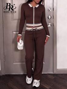 BADDIE REALM Women 2pcs Set Front Zipper Ribbed Knit Preppy Sporty Casual Streetwear Everyday Basic - Brown - View 3