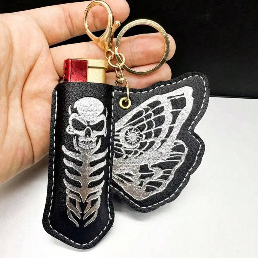 1PC New Dark Skeleton Lighter Leather Case Keychain, Vintage Butterfly Print PU Leather Protective Cover, Portable Bag Pendant Accessory, Smoking Accessory - 1PC - View 1