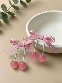 2pcs Pink Plaid Bow Cherry Hair Clips, Sweet Cute Side Bangs Hair Clips, Women's Daily Hair Accessories - Multicolor - View 2