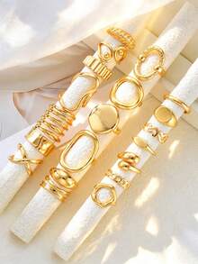 Set Cincin 10/20pcs Multi-Layer Stackable Fashion Minimalis Elegan Desain Vintage Indah Pita Geometris Bulat Berongga Manik-manik Tekstur Berkerut Asimetris Silang Multi-Layer Halus Minimalis Polos Pita Lebar Tebal Berlebihan, Hadiah Liburan Pesta Kencan, Pakaian Sehari-hari - Yellow Gold - View 2