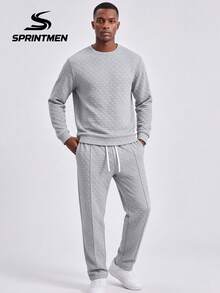 2pcs Gray Plaid Embossed Crew Neck Men's Set, Men's Long Sleeve Sweatshirt Set, Men's Drawstring Pants, Textured Plaid Design, Casual Sports Style, Campus, Friends Gathering, Commuting, Short Trips - Grey - View 4