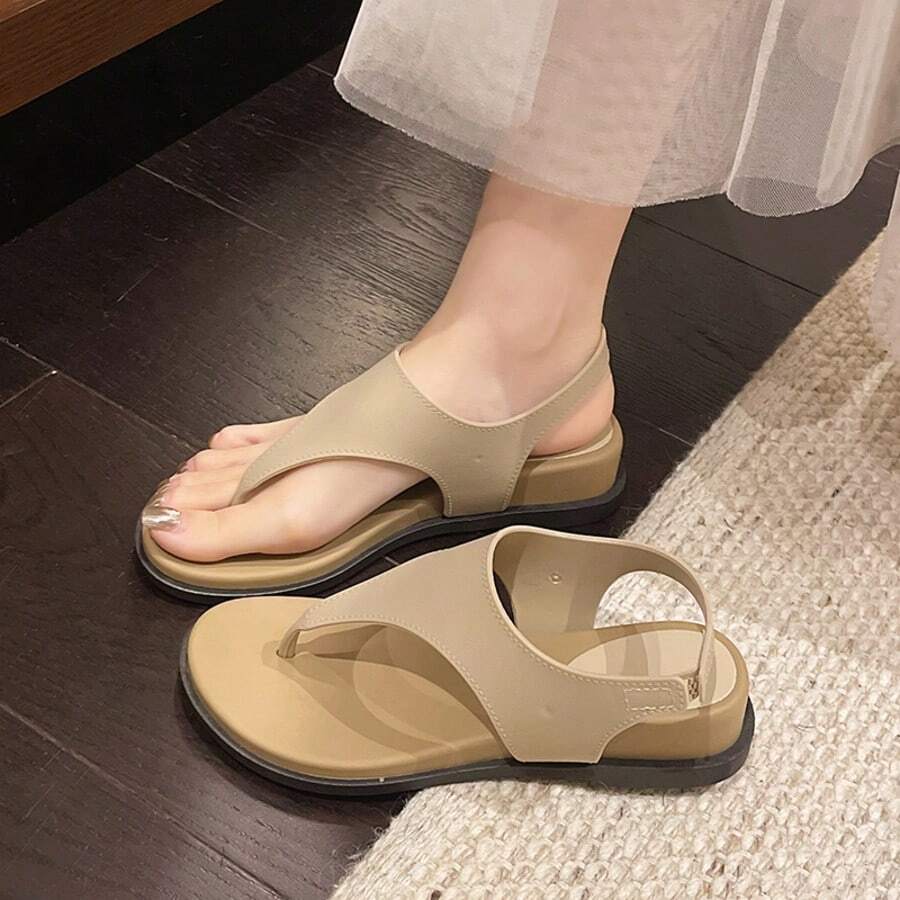 2026新款韓式休閒百搭厚底夾腳涼鞋女款,夏季時尚戶外穿搭,可搭配裙裝,厚底防滑海灘度假夾腳拖 - 杏色 - 查看 1