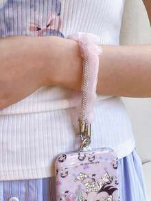 Sweet Ruffled Organza Rhinestone Beaded Phone Wrist Lanyard, Elegant Sheer Mesh Lace Anti‑Lost Hand Strap With Metal Clasp, Cute Girls Decorative Phone Chain, Universal Portable Accessory For Phone & Earbud Case, Multiple Pastel Colors Available, Phone Case Not Included - Multicolor - View 9
