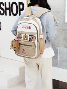 1pc Cute Capybara Colorblock Backpack, Lightweight Multi-Compartment Student School Bag, Can Hold Textbooks, Laptop And Umbrella, Suitable For Boys And Girls - Brown - View 6