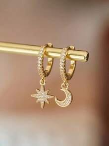 1 par de pendientes de aro doble con estrella y luna de plata de ley S925 con circonita cúbica sintética incrustada, joyería elegante y exquisita para uso diario de mujer, regalo para un ser querido - Amarillo Oro - Ver 8