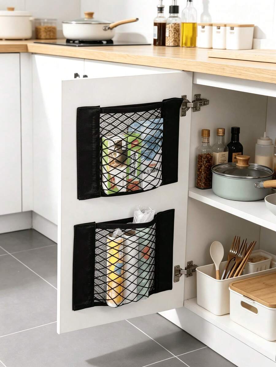 1pc Multi-Functional Breathable Mesh Wall-Mounted Trash Bag Storage Rack With Elastic Rope And Hook And Loop, Easy Installation; Suitable For Cabinet Door, Bathroom, Kitchen, Car Backrest And More, Keeps Clutter Organized, Practical Storage Solution For Home, Back To School Season, St. Patrick's Day, Easter, Mother's Day Gift Choice