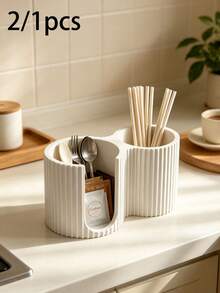 Minimalist Striped Cosmetic Storage Box, Creative Cotton Swab Holder, 2-In-1 Bathroom Cotton Swab Box, Countertop Organizer, Bedroom Vanity Decor, Mother's Day Gift For Her, Modern Cream Style Housewarming Gift - Multicolor - View 2