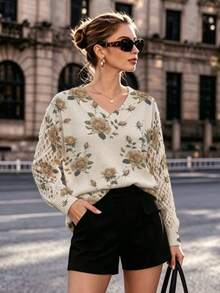 Women's Autumn Vintage Floral Print V-Neck Knit Sweater, Hollow Long Sleeve Design, Eye-Catching Outfit For Outings - Multicolor - View 11