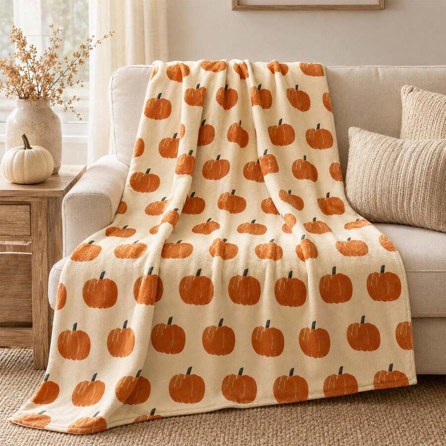 Autumn Pumpkin Pattern Orange Plush Flannel Throw Blanket, Suitable For Thanksgiving, Farmhouse Style, Fits Chairs, Sofas, Beds, Cars